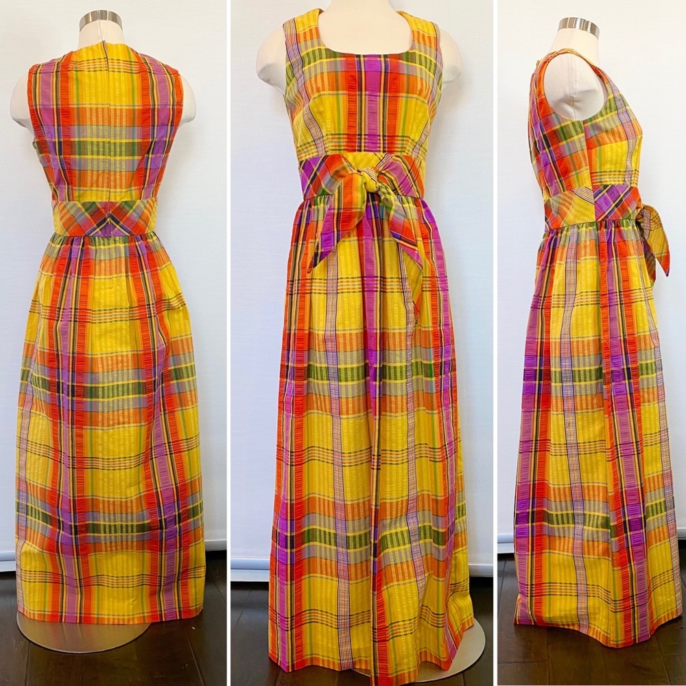 Vintage SWIRL Concept 70s Yellow Orange Madras Plaid Maxi Gown Long Column Dress - Picture 12 of 12